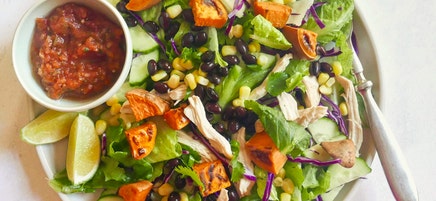 Southwest chicken salad with roasted sweet potato, corn, and beans