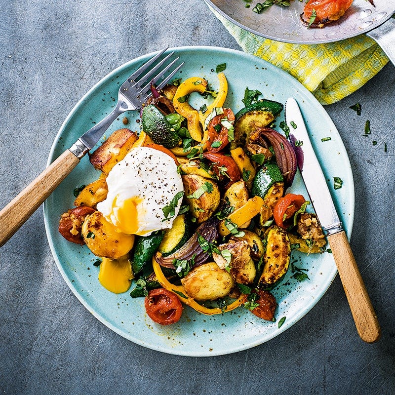 Vegie hash with poached eggs