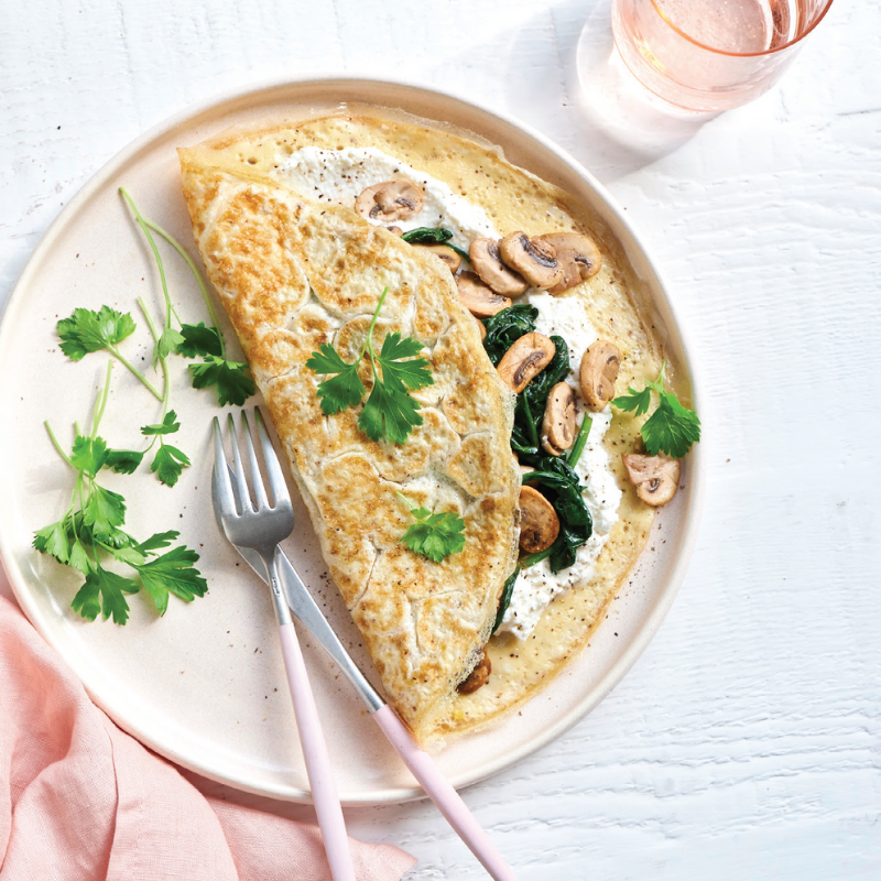 Egg crepe with ricotta, mushroom & spinach