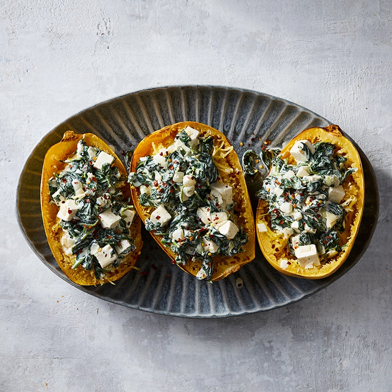 Creamy Spinach Paneer Spaghetti Squash Bowls