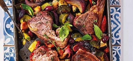 Lamb chop & ratatouille tray bake