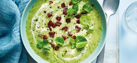 Watercress soup with chorizo & crème fraîche