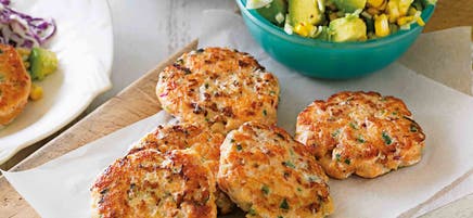 Lime fish cakes with corn salsa & slaw