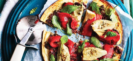 Cheats' olive & artichoke pizza
