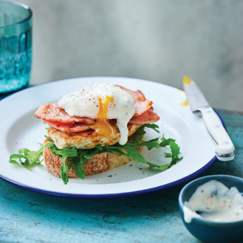 open chicken bacon and poached egg sandwich