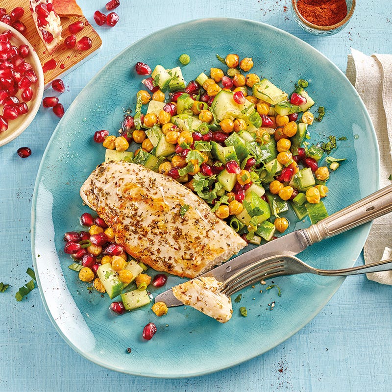 Hähnchen mit geröstetem Kichererbsensalat