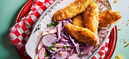 Chicken goujons with radish & apple slaw