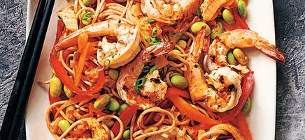 Kimchi soba with prawns and edamame