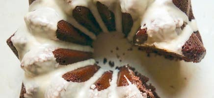 Rich chocolate bundt cake with amaretto glaze