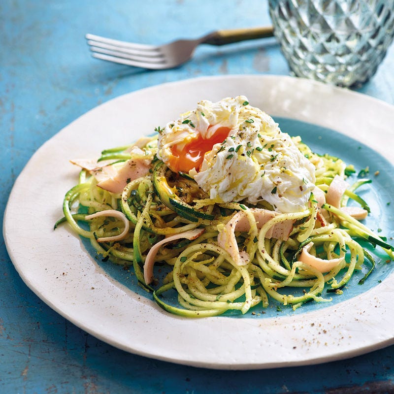 Zucchinispaghetti mit Poulet und Ei