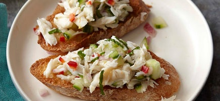 Crab Bruschetta with Cucumber Chile Mignonette