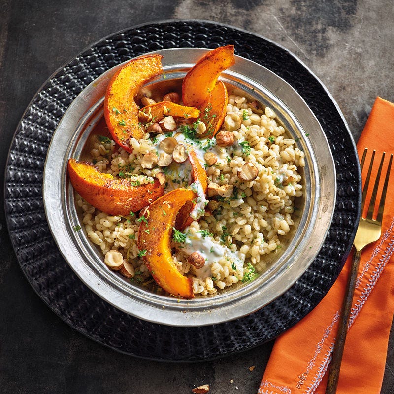 Rollgerstenrisotto mit orientalischem Ofenkürbis