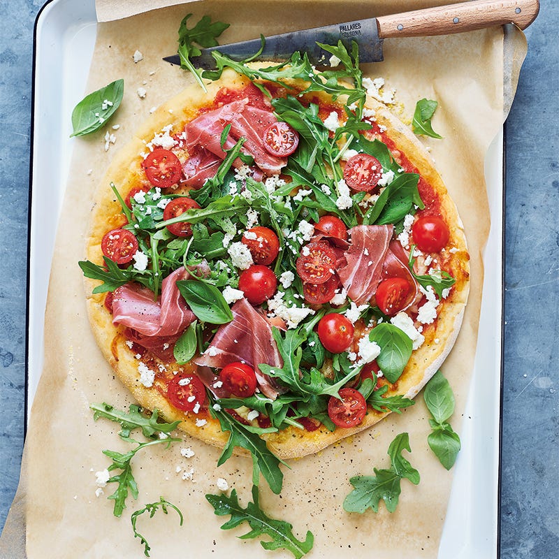 3 ingredient pizza dough with prosciutto, rocket and feta