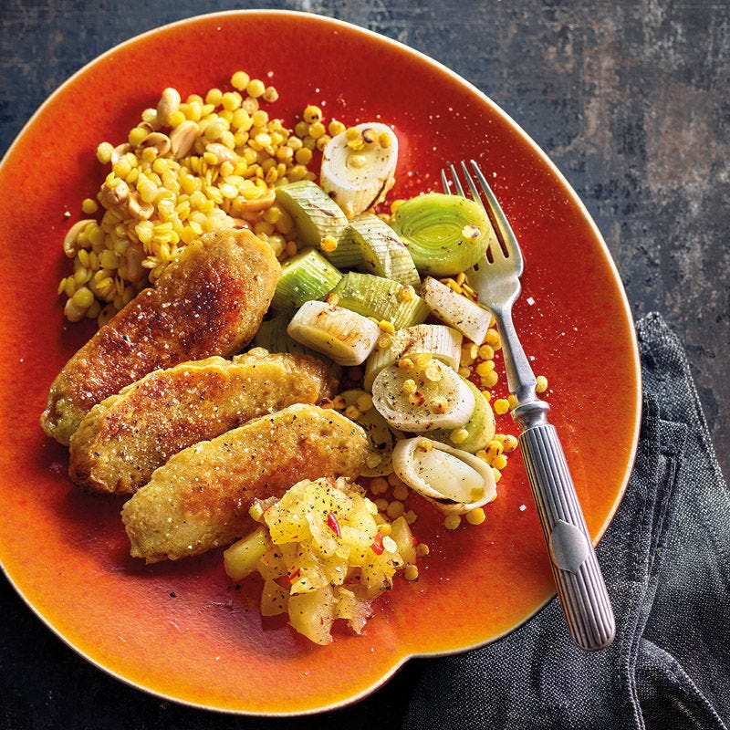 Asia-Seitan mit gegrilltem Lauch und Chutney