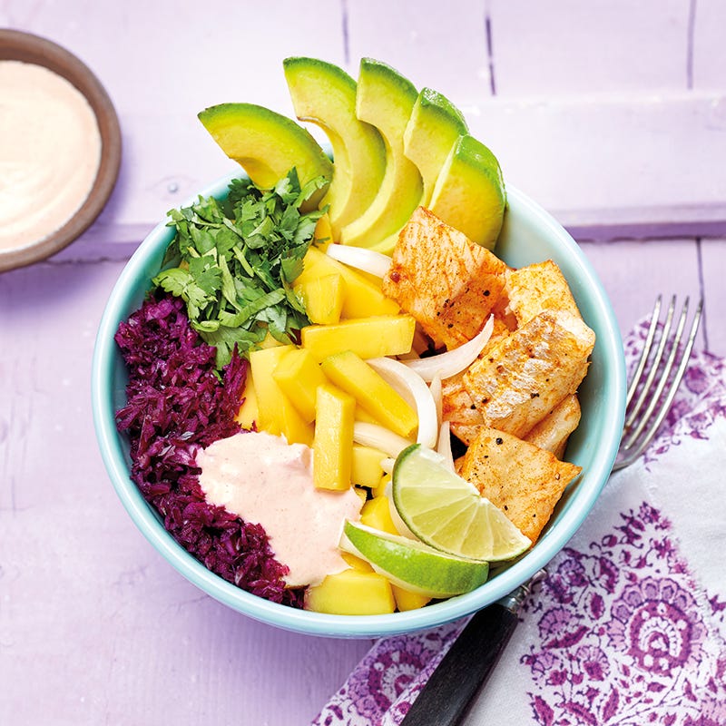 Foto van Vis-mangobowl met rodekool door WW