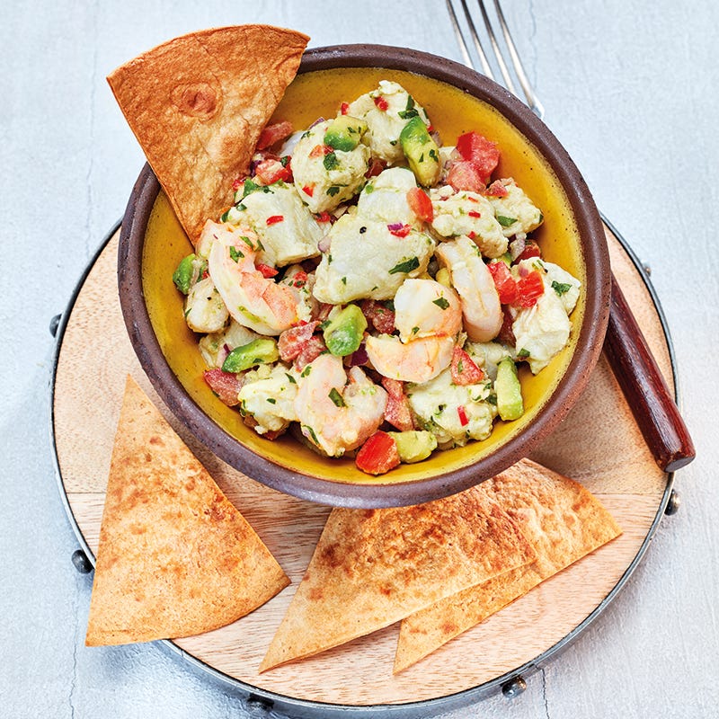 Foto van Ceviche met zelfgemaakte tortillachips door WW