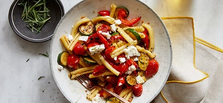 Pasta with rosemary-roasted vegetables and feta