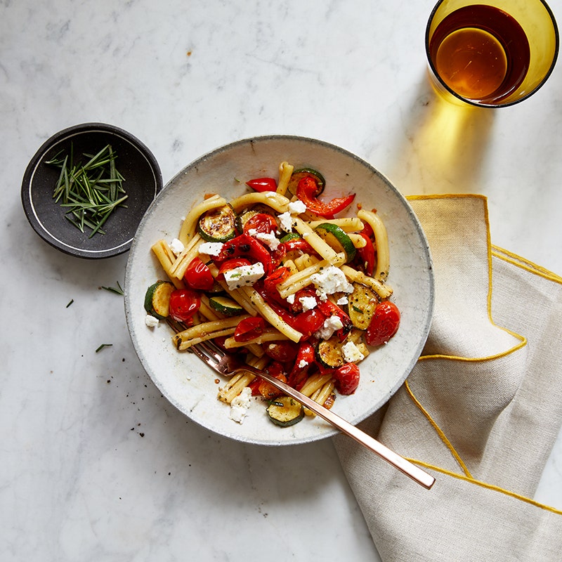 Pasta with rosemary-roasted vegetables and feta