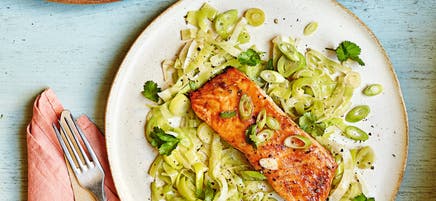 Miso-glazed salmon with braised leeks