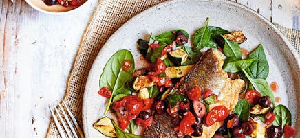 Sea bass with black olive, tomato & basil salsa