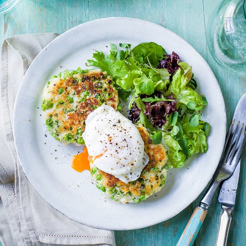 Pea and potato fritters with poached eggs
