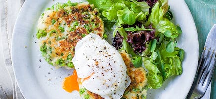 Pea and potato fritters with poached eggs