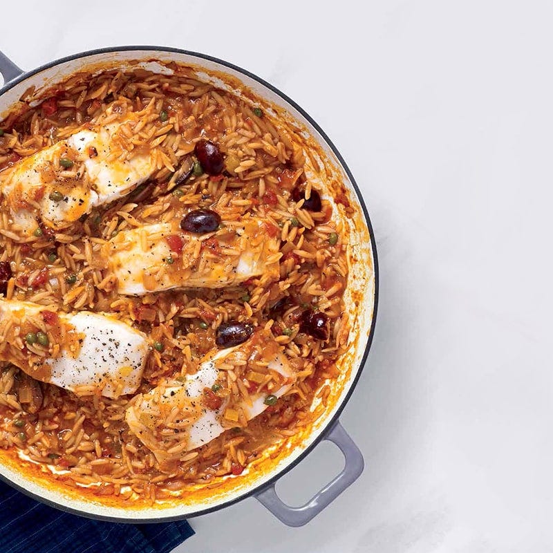 Braised fish with tomatoes, capers and olives