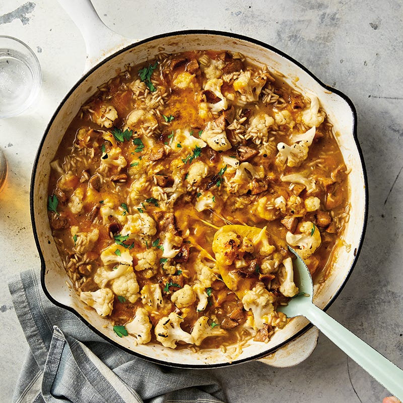 One-Skillet Cheesy Sausage, Rice & Cauliflower Casserole