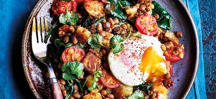 Lentil hash with poached eggs