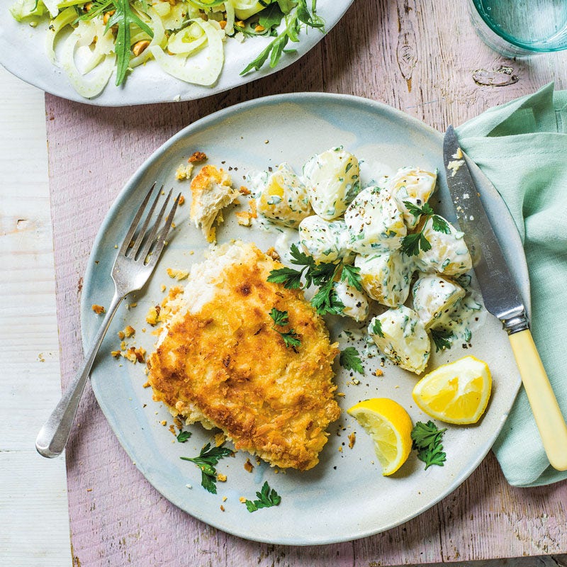 Zitronen-Petersilien-Kartoffeln mit Hähnchenschnitzel