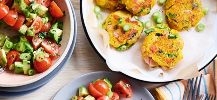 Anna's roast pumpkin, parmesan and bacon patties with salsa