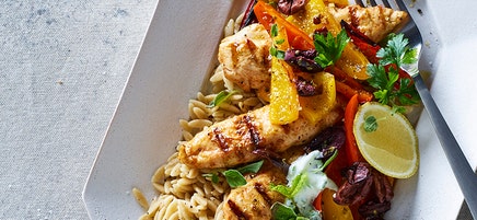 Greek chicken with tzatziki, risoni and capsicums