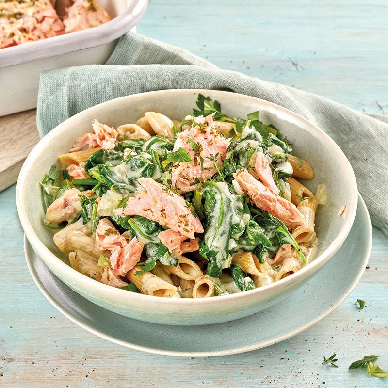 Penne mit Lachs-Spinat-Sauce
