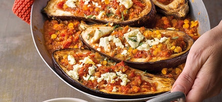 Gesmoorde aubergines met linzenvulling