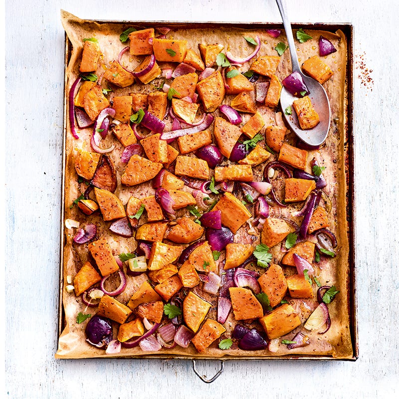 Foto van Geroosterde rode ui met zoete aardappelen door WW