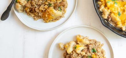 One-Skillet Cheesy Sausage, Rice, and Cauliflower Casserole