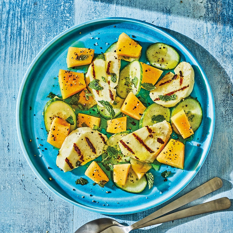 Cantaloupe-cucumber salad with grilled Halloumi