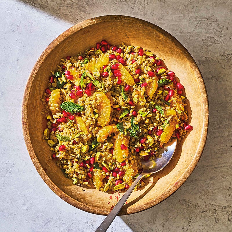 Orange-pomegranate freekeh salad with cardamom dressing