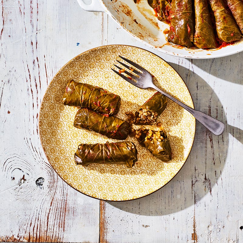 Dolmades (bulgur and herb stuffed grape leaves)