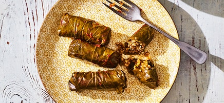 Dolmades (Bulgur & Herb Stuffed Grape Leaves)