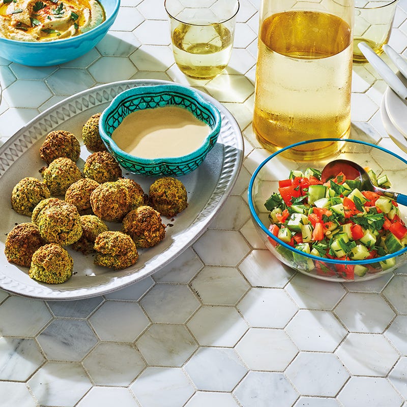 Air-fried falafel with tahini sauce & Israeli salad