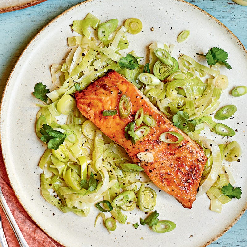 Miso-glazed salmon with braised leeks