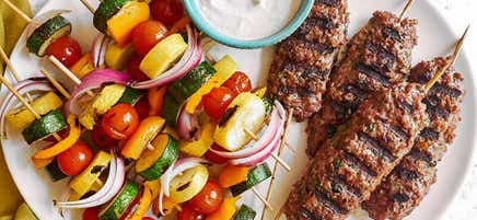 Beyond Meat Kofta and Vegetable Kebabs with Lemon-Cumin Yogurt Sauce