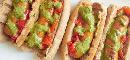 Chorizo dogs with mojo verde drizzle