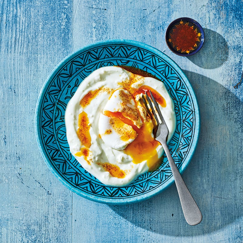 Cilbir (Turkish poached egg on garlicky yogurt with chili oil)