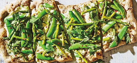 Asparagus, sugar snap, and ricotta pizza