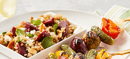 Plant-based beet + quinoa salad & veggie kebobs