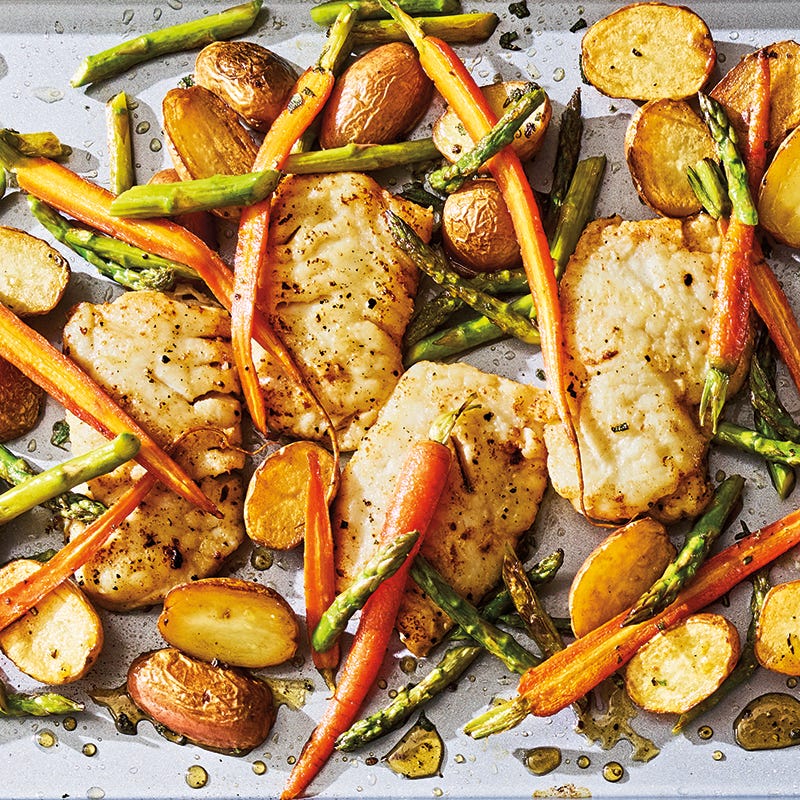 Cod with asparagus, baby carrots & new potatoes