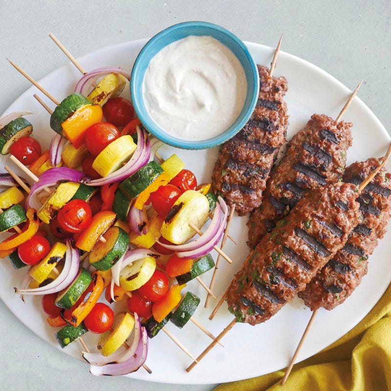 Grilled vegetarian kofta and vegetable kebabs