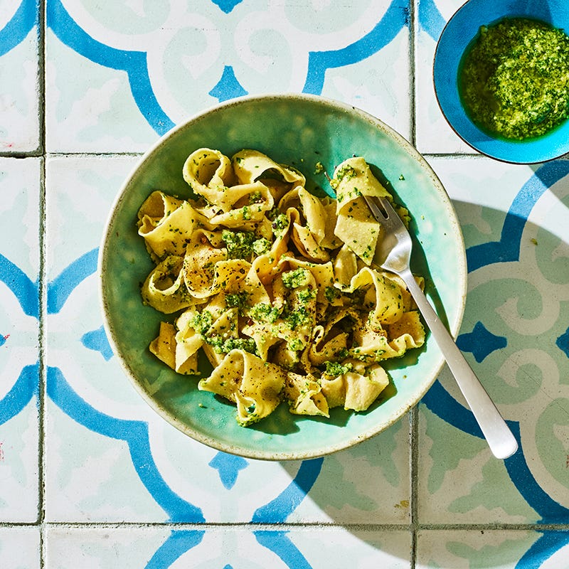 Homemade whole-wheat pasta with pesto